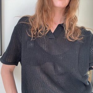 ALO Yoga Black Crochet Polo Shirt | Open Knit | Est. Large | Unisex